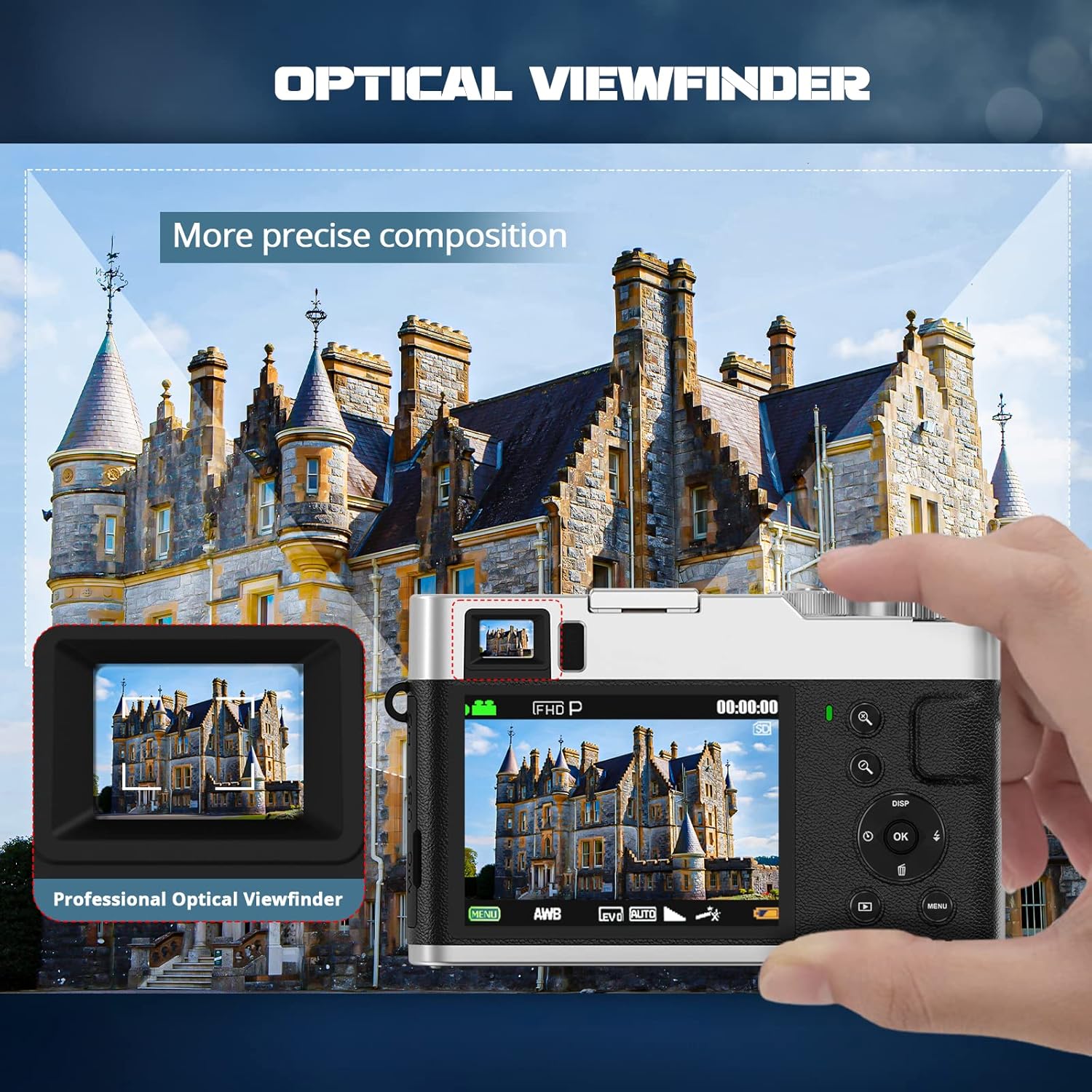Caméra Numérique 4K 48MP Autofocus 16x Zoom 32Go prenant une photo d'un chateau.